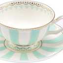 Bone China Tea Cup Set with Saucer Spoon - 3 Piece Set (7oz) - Cappuccino & Latte Cups - Mother's Day Gift (Pink)