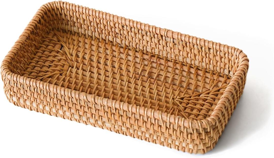 Small Rattan Serving Tray, Natural Wicker Decorative Tray Handwoven for Keys Trinkets Rings Cosmetics, Decorative Jewelry Perfume Tray for Coffee Table Entryway Living Room(8.2"  4.3")