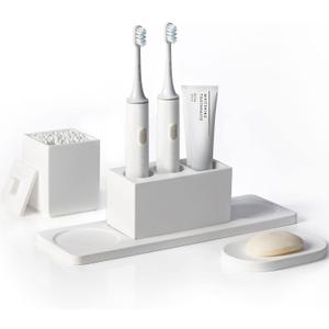 Ceramic Toothbrush Holders for Bathrooms, White Bathroom Accessories Diatomite, Electric Toothbrush Holder Countertop with Toothbrush Holders, Soap Dish Set