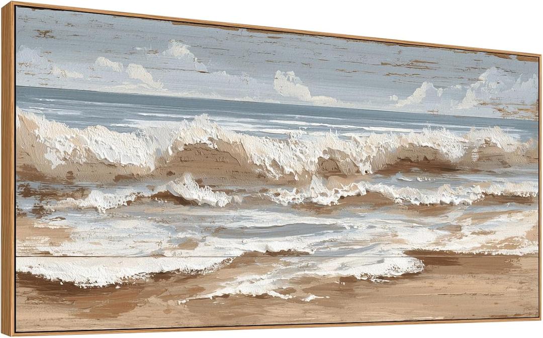 The Mode Art Ocean Wave Canvas Print Framed Beach Landscape Wall Decor Neutral Blue & Beige Artwork for Living Room Bedroom Sofa Fireplace 24x48inch