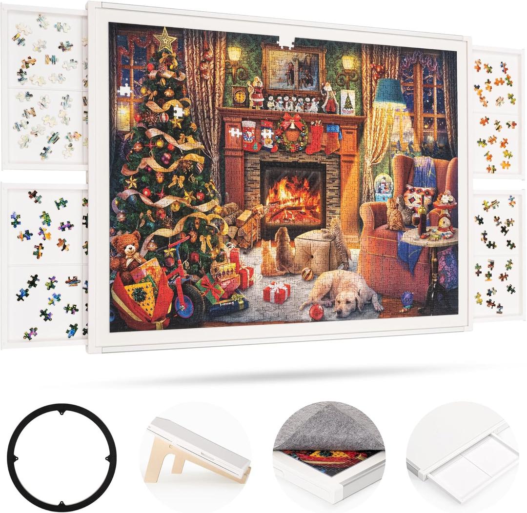 ropoda 1500 Pieces 35"x26"Double-Sided Rotating Plastic Puzzle Board with Drawers and Cover, Portable Jigsaw Puzzle Board,Tilting Puzzle Board,Lazy Susan Spinning Puzzle Boards，Puzzle Table(White)