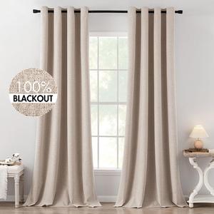 MIULEE 100% Blackout Linen Textured Curtains for Bedroom Solid Thermal Insulated Natural Beige Grommet Room Darkening Curtains & Drapes Luxury Decor for Living Room Nursery 52 x 120 Inch (2 Panels)