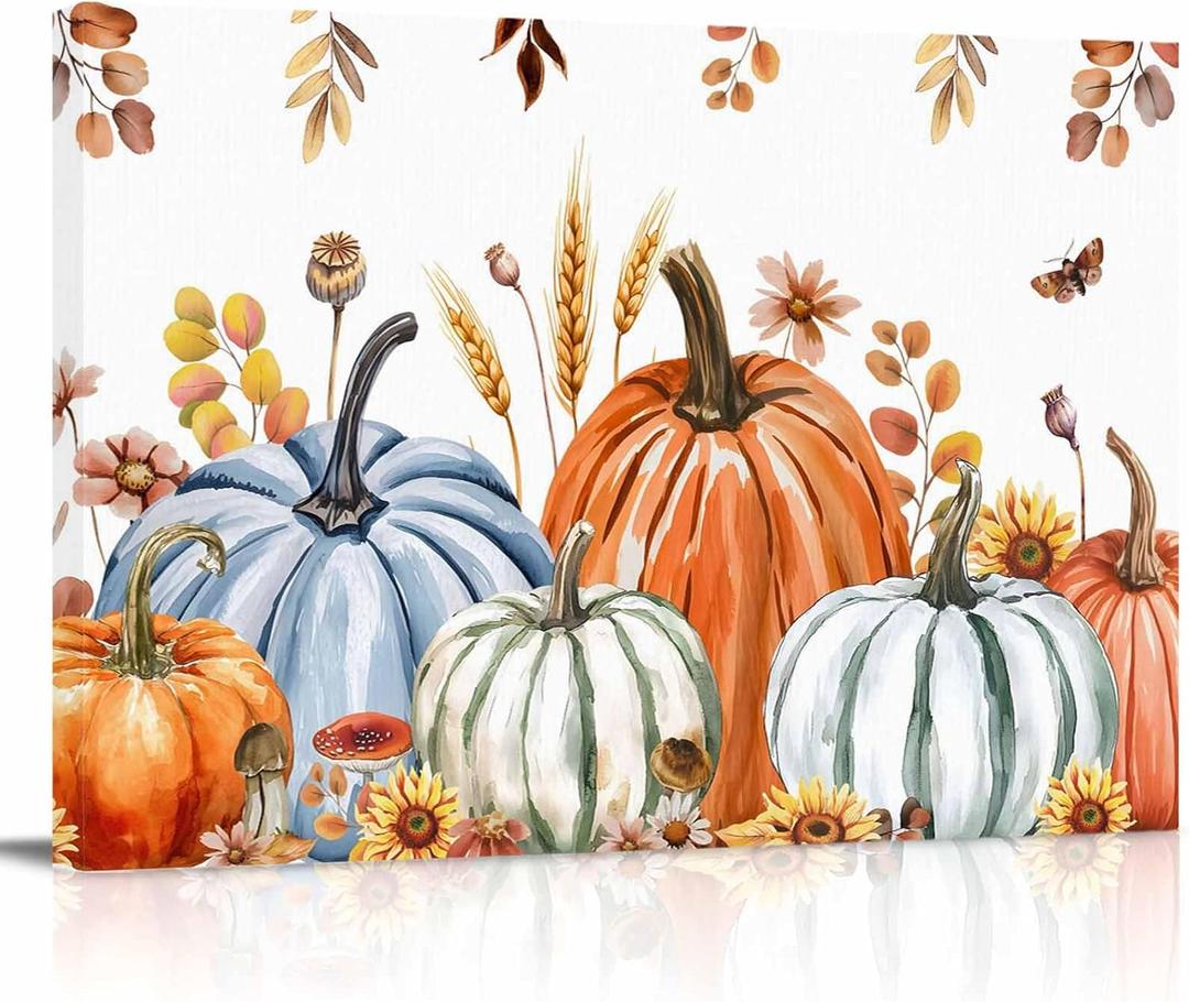 Fall Orange Blue Pumpkin Canvas Print Wall Art Brown Leaves Butterfly Botanical Thanksgiving Harvest Wall Decor Modern Artwork Paintings for Living Room Stretched and Framed Ready to Hang 12" x 16"