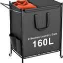 Laundry Basket with Wheels, 2-Section Rolling Laundry Hamper with Removable Liner, 42 Gallons (160L) Laundry Sorter Cart, Clothes Hamper Sturdy Metal Frame with Handle, Effortless Movement (Grey)