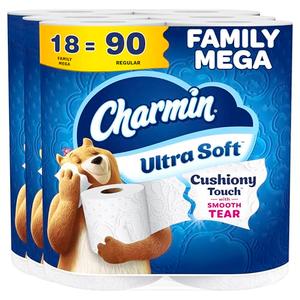 Charmin Ultra Soft Cushiony Touch 2-Ply Toilet Paper, 18 Family Mega Rolls = 90 Regular Rolls, White