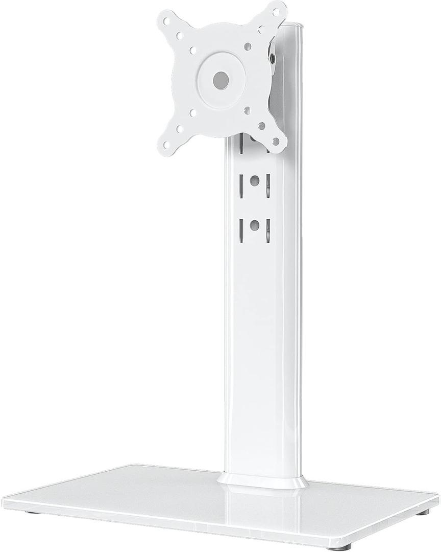 Single LCD Computer Monitor Free-Standing Desk Stand Riser for 13 inch to 32 inch Screen with Swivel, Height Adjustable, Rotation, Holds One (1) Screen up to 77Lbs(HT05W-001) White (White)