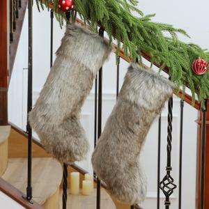 Realspring 2 Pcs 20 Inch Christmas Stocking Faux Fur Stocking Grey Brown Socks Xmas Fireplace Hanging Socks for Home Festive Party Gift Decorations