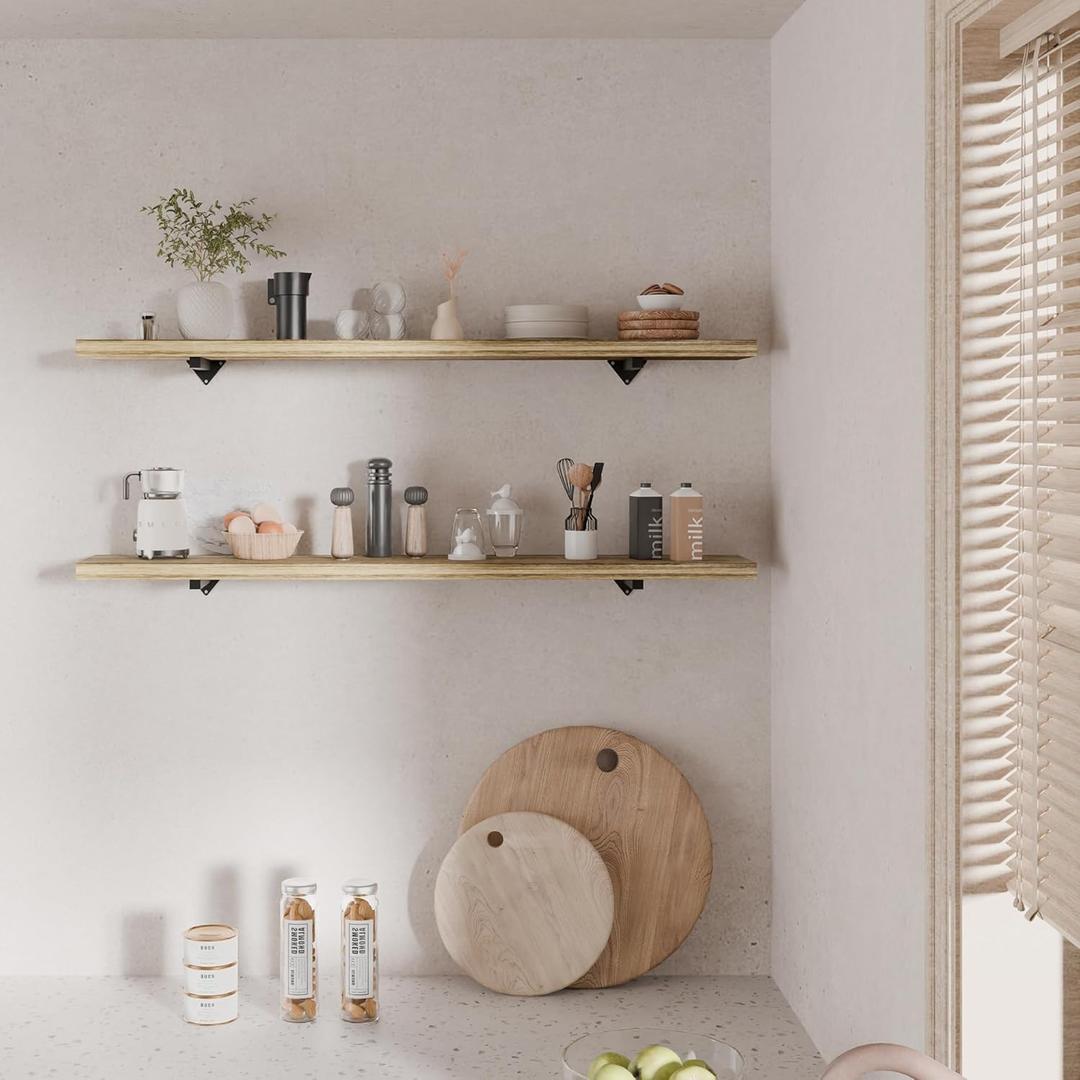 48 inch Floating Shelf Set of 2, Rustic Wood Long Floating Shelves for Wall with Iron Brackets, Large Floating Shelf for Wall Decor, Farmhouse Shelves for Bedroom, Bathroom, Living Room
