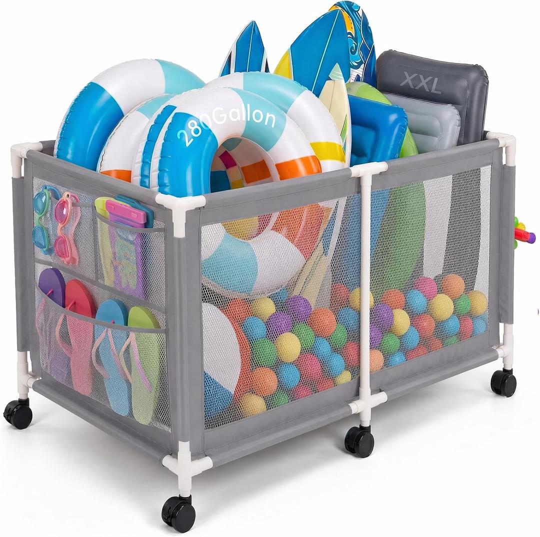 Extra Large Swimming Pool Storage Organizer Upgraded 280-Gallon Rolling Bin with Wheels Side Pockets Float Noodles Holder Mesh Cart for Pool Toys Swim Rings Surfboards Beach Gear Patio Yard Organizer