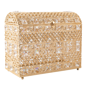 Treasure Chest Card Holder with Heart Shaped Lock, Crystal Bead Box for Wedding, Birthday, Graduation (Gold)