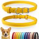 CollarDirect Rolled Leather Dog Collar, Soft Padded Round Puppy Collar, Handmade Genuine Leather Collar Dog Small Large Cat Collars 13 Colors (11-14 Inch, Yellow Smooth)