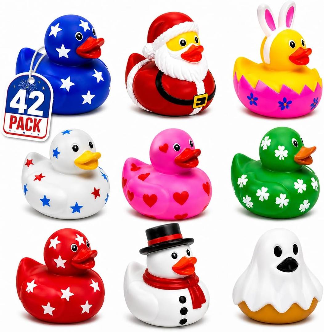4E's Novelty Rubber Ducks for All Holidays, Bulk Pack of 42 - Includes 6 of Each Holiday, Patriotic July 4 Ducks, Halloween Ducks, Bath Toys for Kids, Gift for Jeep Owners, Jeep Ducking