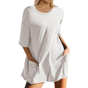 Ugerlov Women's Casual Rompers Half Sleeve Short Jumpsuits Athletic Scoop Neck Overalls Hot Shot Tee Romper with Pockets, White, Small