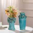 Handmade Blue Ceramic Vase with 3D Flowers, Blue Bud Wedding Bouquets Vases for Centerpieces, Vintage Floral Vase for Home Cottage Core Decor, Decorative Vases for Living Room, Housewarming Gift 6.6In