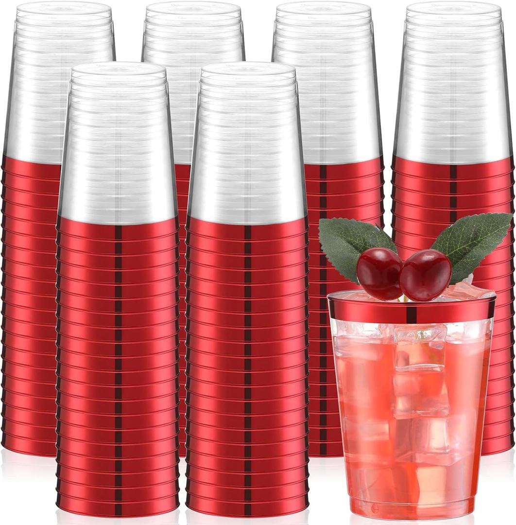 Gerrii 100 Pcs 10oz Plastic Cups Disposable Fancy Rimmed Cups Elegant Clear Drinking Tumblers for Wedding, Birthday, Halloween, Christmas, Graduation Party(Red)