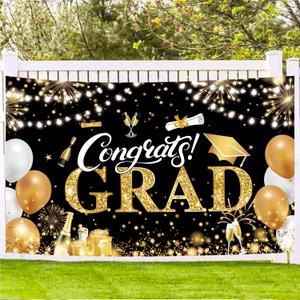 Graduation Banner 2025 Black and Gold - 72.8x43.3 Inch, Congrats Grad Banner for Party Decorations, Large Congratulations Class of 2025 Graduation Backdrop