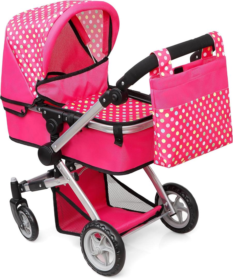 fash n kolor Foldable Pram for Baby Doll with Polka Dots Design with Swiveling Wheel Adjustable Handle