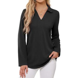 Women's Polo Shirts Collared V Neck Work Tops Long Sleeve Business Casual Dressy Blouses Textured Ribbed Tunic (Black, M)