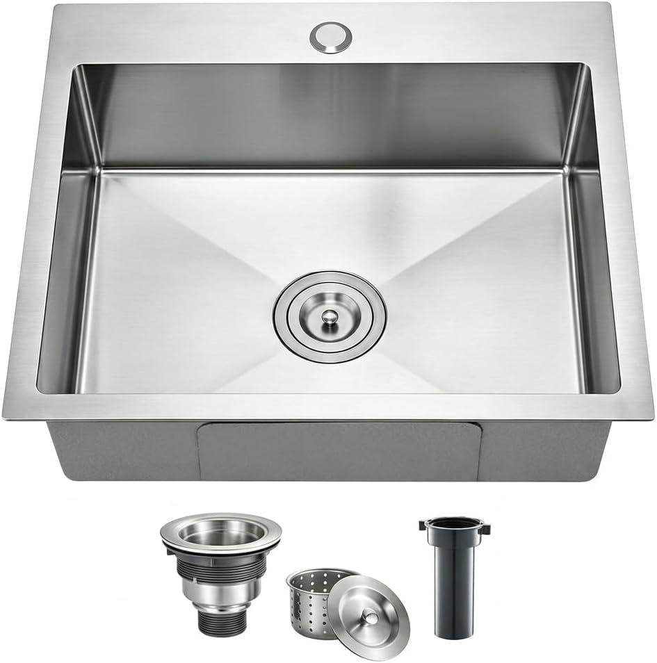 SANYCASA 20 Inch Drop In Kitchen Sink - 11 Gauge Stainless Steel Single Bowl 20x18 Top Mount Kitchen Sink