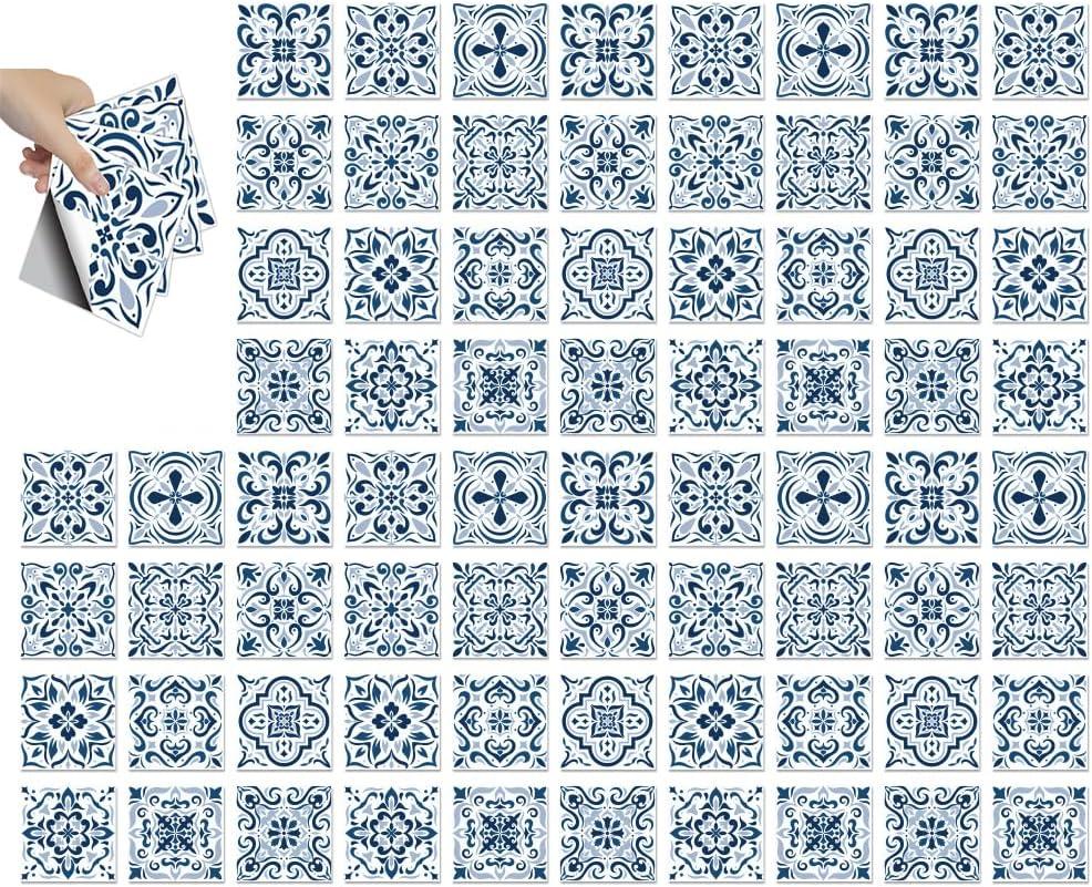 CHGCRAFT 72 Pcs 12 Style Wall Stickers Blue and White Pattern Peel and Stick Wall Tile Mandala Style Waterproof Self Adhesive Stick on Tile Decals for Kitchen Bathroom Wall Art Decor, 44 Inch