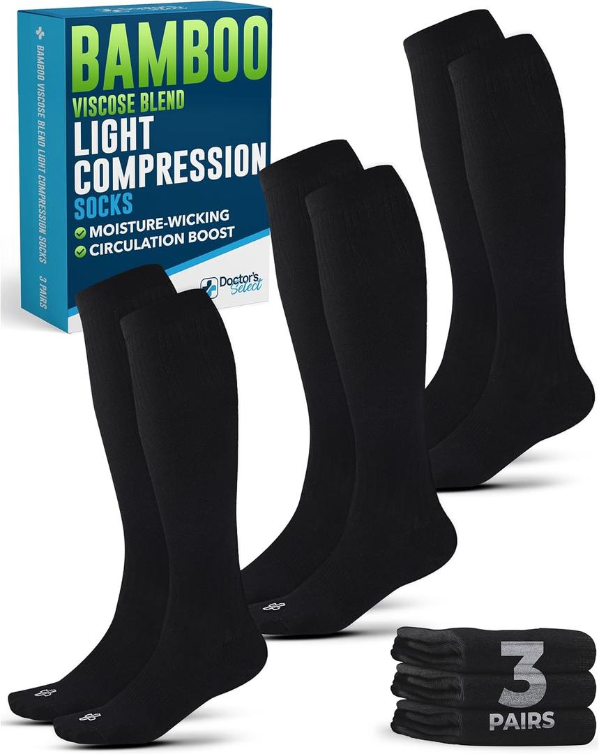 Doctor's Select Bamboo Viscose Light Compression Socks for Women & Men - 3 Pairs, 8-15 mmHg Compression Socks, Knee High (Medium)