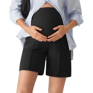 G4Free Maternity Shorts with Pockets Over The Belly Soft Stretch High Waisted Loose Pregnancy Shorts for Casual Workout(Black, L, 6'')