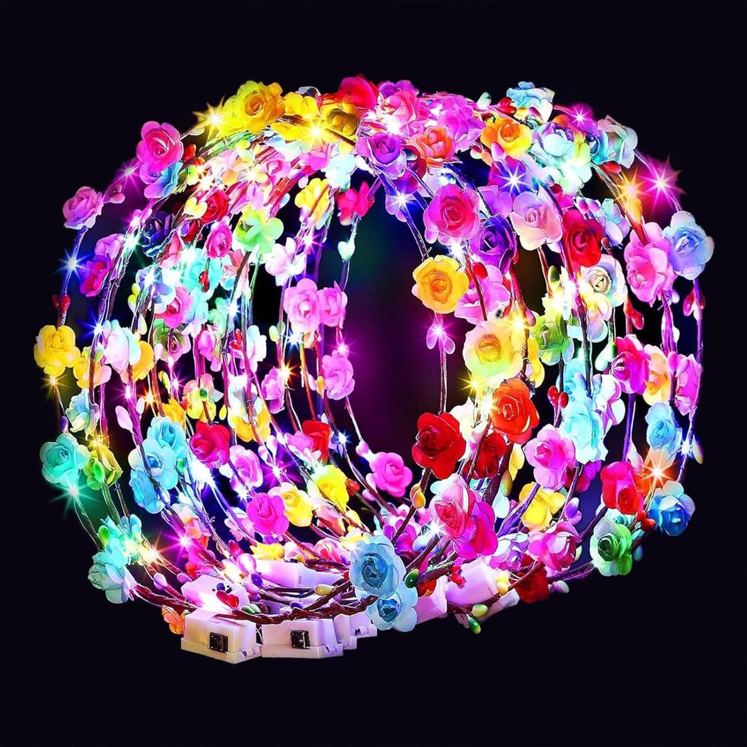 HONLYNE Valentines Day Gifts, 54 PCS New Year LED Flower Crowns Headbands, Light Up Flower Crowns For Women, Glow in the Dark Headband for Wedding Reception Mardi Gras Cosplay Princess Party Favors