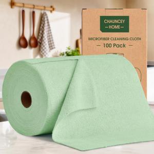 CHAUNCEY HOME Microfiber Cleaning Cloth Roll - 100 Pack Tear Away Microfiber Paper Towels, Reusable, Washable, Scratch-Free, Kitchen Towels for Car, Home, Kitchen, Glass, Dishes(Bean Green)