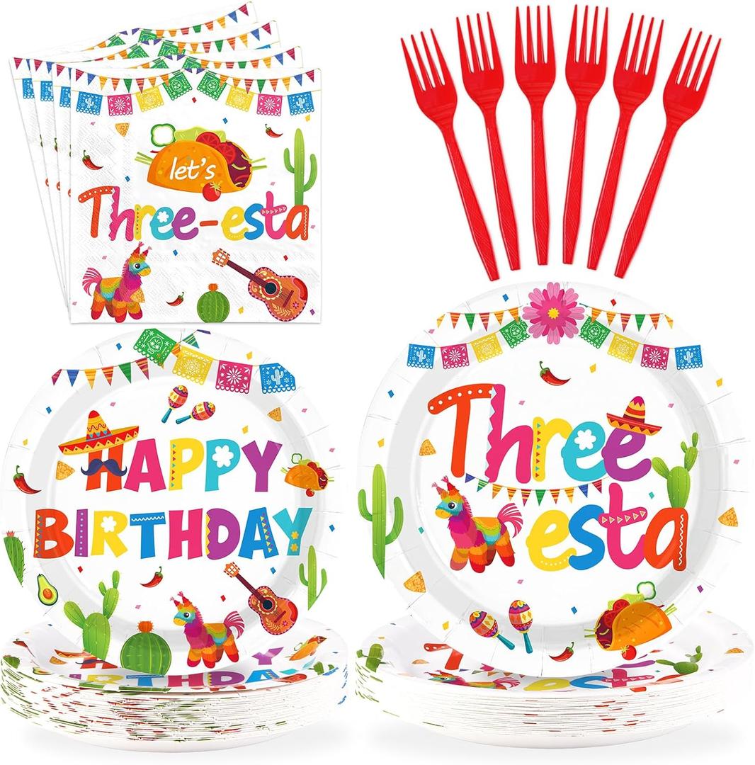 96Pcs Three Esta Party Decorations Mexican Third Birthday Plates and Napkins Tableware Set Mexican Taco 3rd Birthday Decorations Favors for Baby Shower Fiesta Cinco De Mayo Party Supplies Serve 24