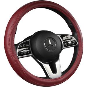 Cowhide Steering Wheel Cover Heat Resistant Anti-Slip Car Wheel Wrap Compatible with Most Makes and Models of Cars and Trucks with 14.5 to 15 Inch Steering Wheel(RED)