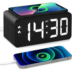 Wood Digital Alarm Clock with 10W Fast Wireless Charger, USB Charging Ports, DST, Dimmable, Snooze, Large Number LED Display for Bedrooms, Desk, Living Room Table, Bedside, Nightstand (Black)
