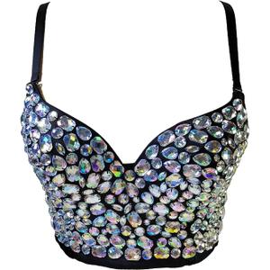 Women's Bustier Crop Top Mesh Corset Top Push up Rhinestone Diamond Bra Club Party Vest (#7 Black) Small