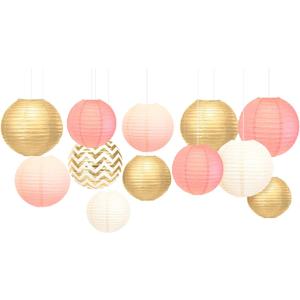 AOBKIAT Pink Birthday Party Decorations for Women Girls,12 Pcs Gold Hanging Paper Lantern for Wedding Engagement Bridal Baby Shower Bachelorette Party Supplies