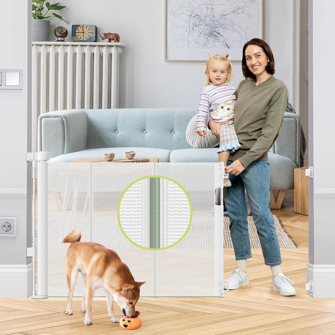 Reinforced 55" Wide Retractable Baby Gates for Doorways to Prevent Crawling Under, Outdoor Retractable Gate, Mesh Child Safety Gates for Toddlers, Indoor/Outdoor Baby Gate for Deck/Porch/Patio, White
