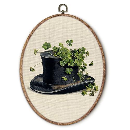 Hxlac Shamrock Hat Oval Wall Art Framed, Vintage St Patrick’s Day Irish Oval Wall Decor, Farmhouse Spring Hanging Canvas Prints Wall Sculptures for Home Living Room Bedroom Decor, 8.5x11.5 Inch