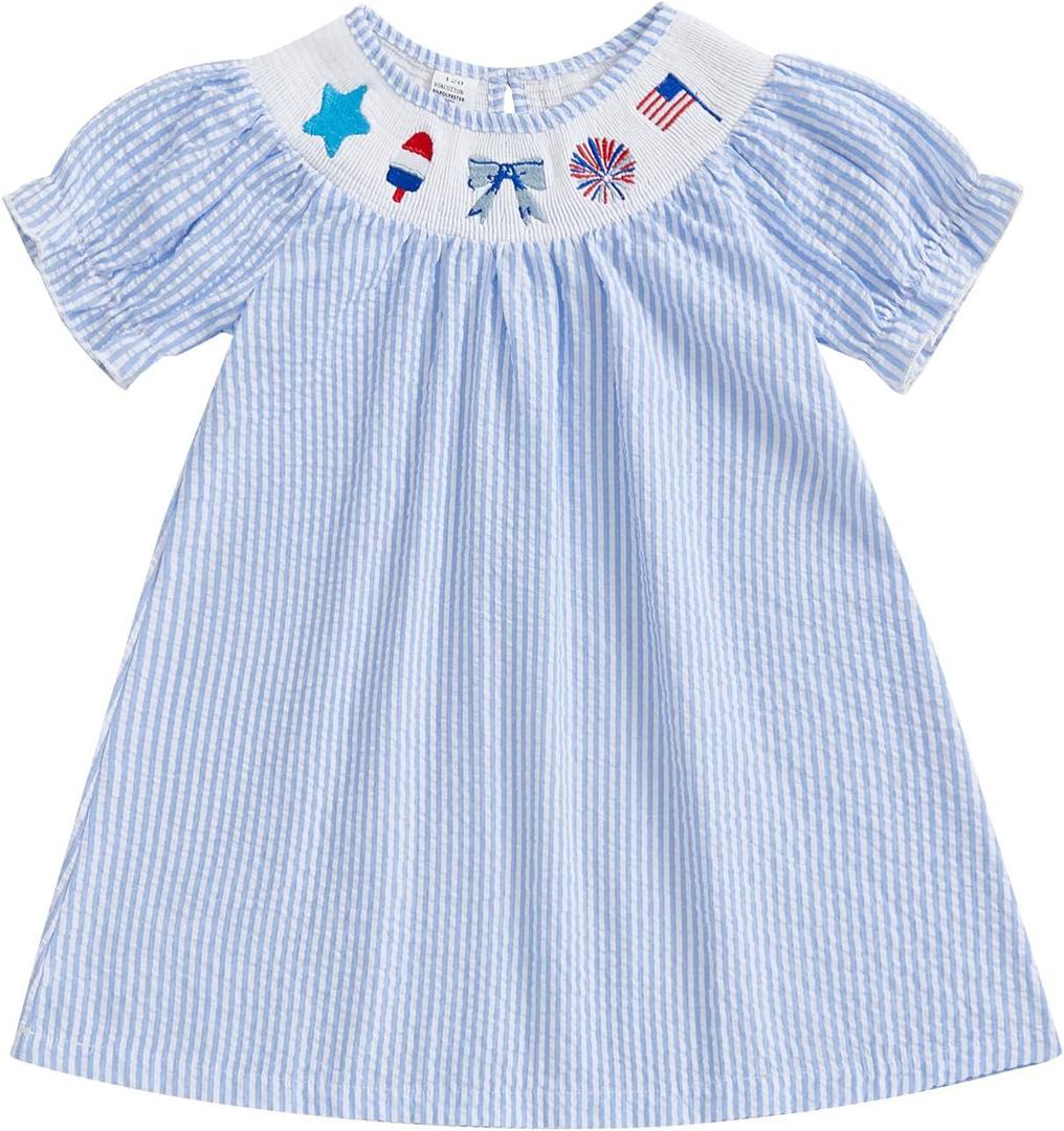 Toddler Little Baby Girl 4th of July Dress Puff Short Sleeve Stripes Smocked Dresses Kids Fourth of July Outfit
