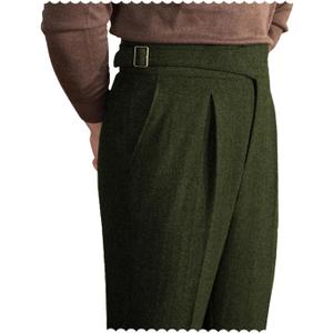 Men Trousers Vintage Tweed Blend Pants Herringbone Slim Fit Pleat-Front Pant (42W x 30L, Army Green)
