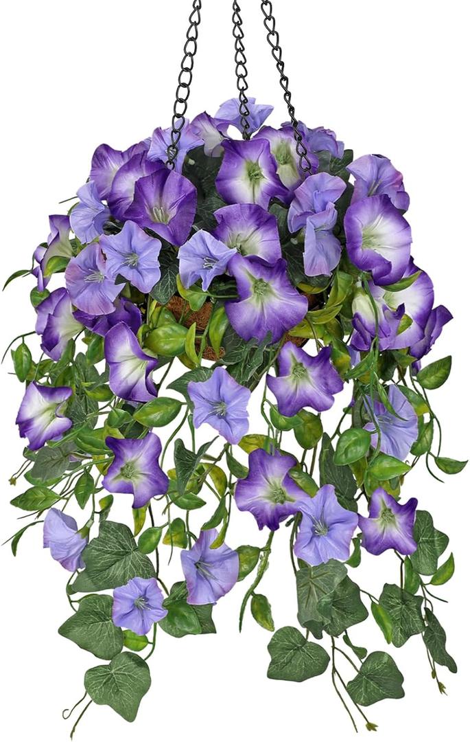 Briful Artificial Hanging Flowers for Outdoors, Fake Hanging Morning Glory Plants & Flowers with Basket Silk Flowers Hanging Decor for Front Porch Home Garden Balcony Room Decor (Blue Purple)