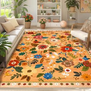 Floral Nursery 6x9 Area Rugs Washable Print Boho Cute Carpet Non Slip Flower Low Pile for Living Room Kids Girls Playroom Bedroom Kitchen Office Farmhouse-Yellow/Orange