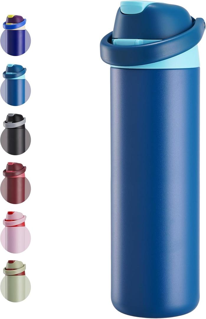 Fijinhom 24 oz Insulated Water Bottle, Stainless Steel Water Bottle with 2-in-1 Straw and Push-Button Spout Lid, Keeps 24 Hours Cold, Double Wall Vacuum Leak-Proof & BPA-Free for Sports, Travel, Blue