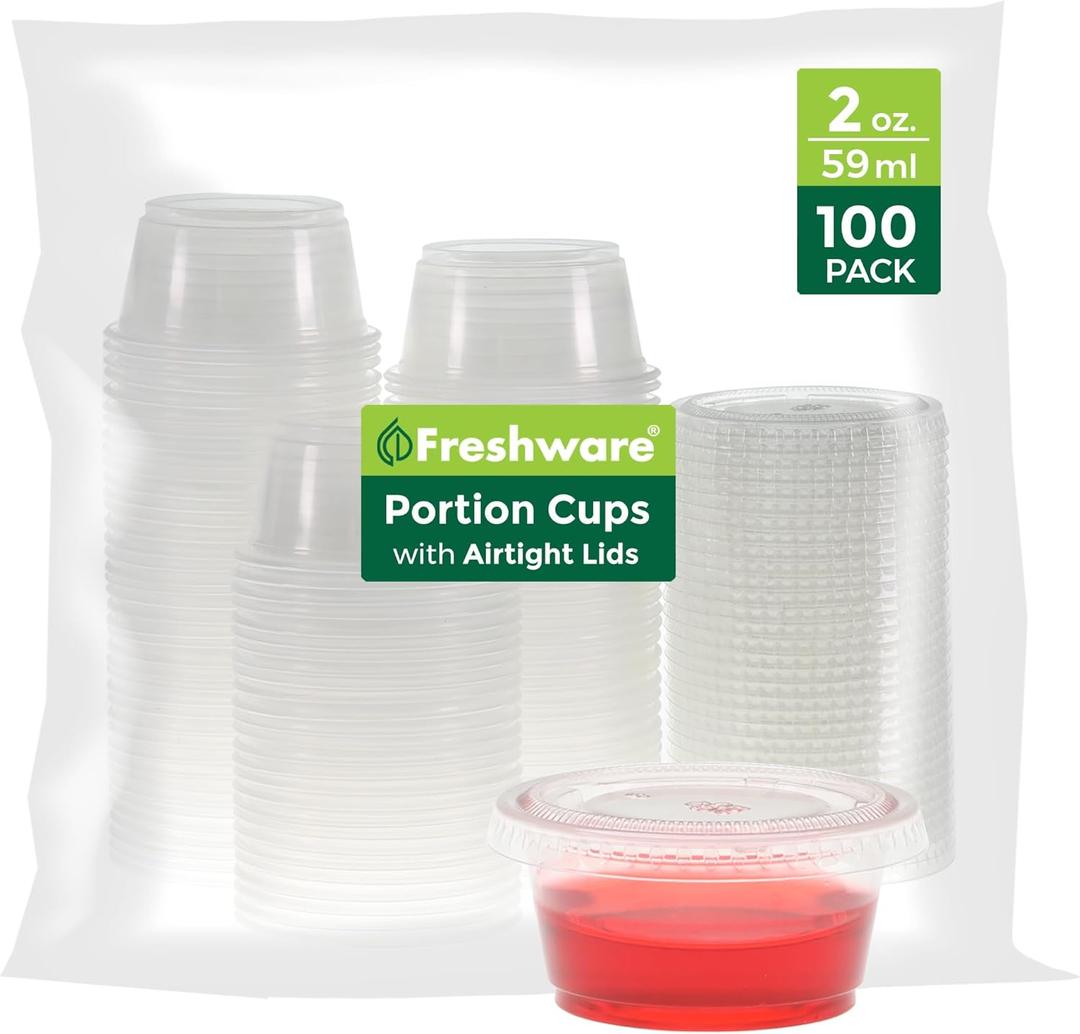 Freshware Plastic Portion Cups with Lids [2 Ounce, 100 Sets] Disposable Plastic Cups for Meal Prep, Salad Dressing, Jellos Shot Cups, Souffle Cups, Condiment and Dipping Sauce Cups (2 oz - 100 set)
