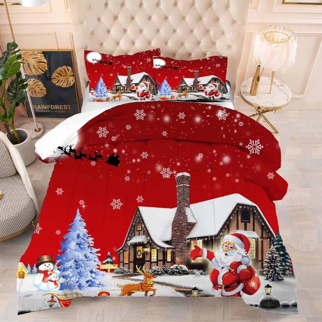 Kxry Merry Christmas Bedding Set Santa Claus Deer Christmas Tree Snowman Comforter Quilt Queen Size for Girls Boys Kids 1 Comforter + 2 Pillow Cases