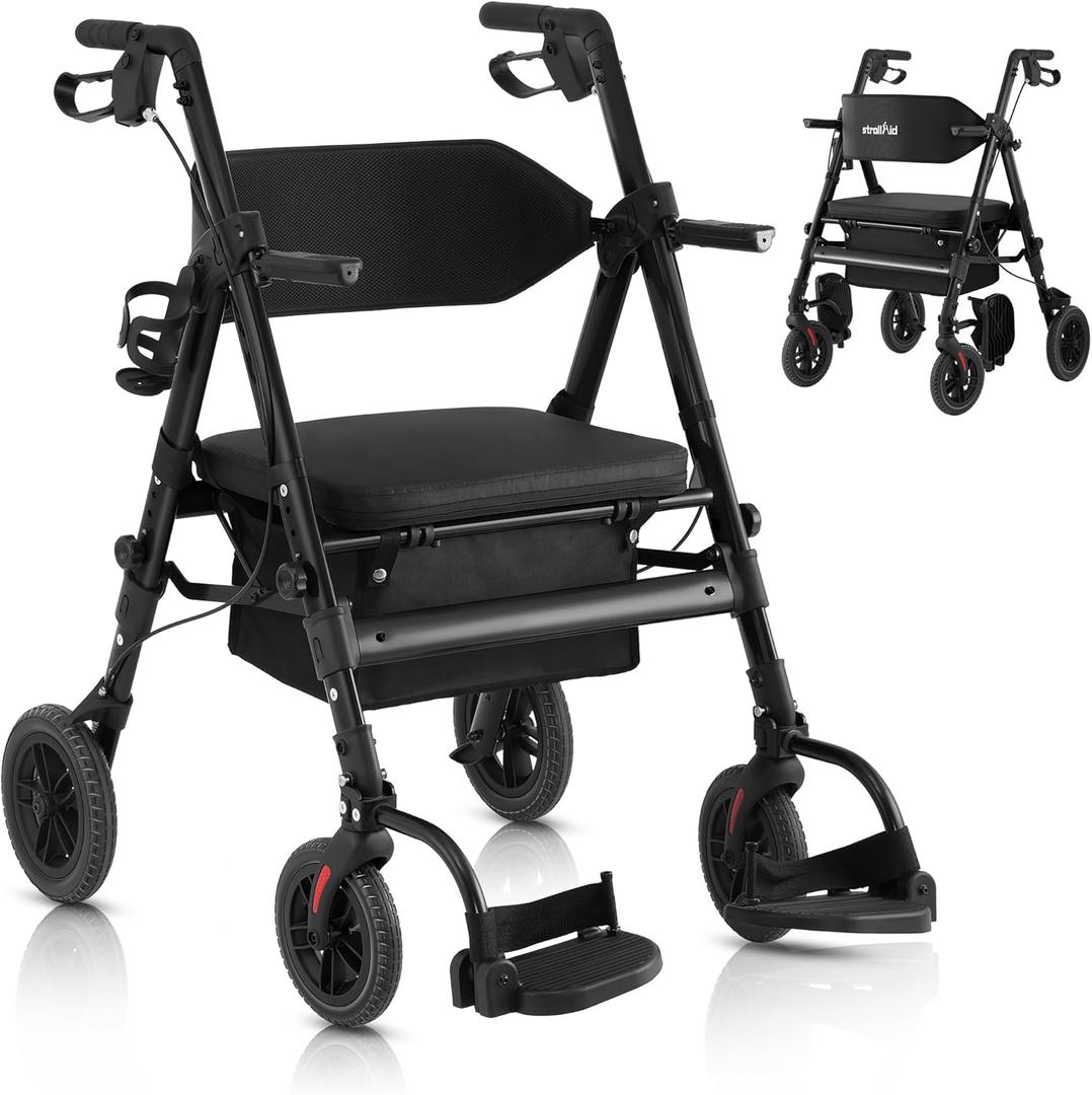 Walkers for Seniors,Rollator Walker with Seat,Walker Wheelchair Combo,2 in 1 Rollator Transport Chair with Brakes, Heavy Duty Rolling Walker,Holds up to 450 pounds,10" Big Wheels for All Terrain,Black