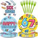96Pcs 6 7 Birthday Decorations 6-7 Birthday Plates and Napkins Six Seven Themed Disposable Paper Tableware Set for Kids Boys Girls I was 6 Now Im 7 Party Supplies Serves 24
