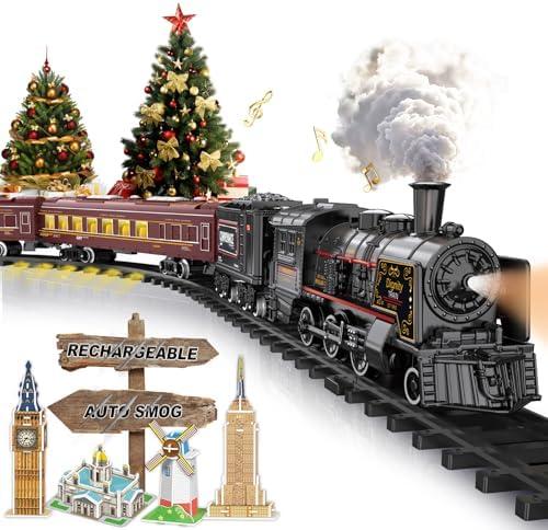 Electric Train Sets for Boys Girls Metal Alloy Christmas Trains Toys Steam Locomotive, Passenger Carriages, Tracks, Light & Sounds Rechargeable Birthday Gifts for Kids 3 4 5 6 7 8 + Years Old Red …