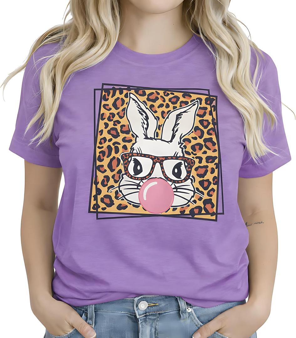 Cute Easter Bunny T-Shirt for Women - Funny Leopard Glasses Rabbit Graphic Tee, Sassy Bubblegum Spring Holiday Top