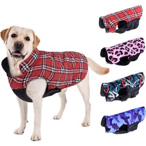 CuteBone Winter Dog Coat - Waterproof Windproof Reversible Vest, Thick Adjustable Cold Weather Jacket for Large Dogs, Soft with Leash Hole (1-Red Plaid)