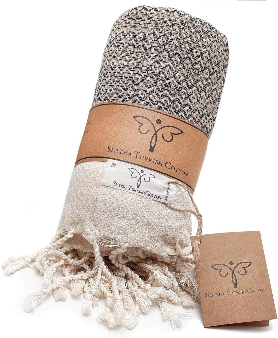 SMYRNA TURKISH COTTON Throw Blanket Vintage Series, 50x60 inch, Outdoor Blankets, Throws and Blankets for Couch, Sofa, Bed, Chair, Beach Picnic, Travel Boho Turkish Blanket Throw, Beige