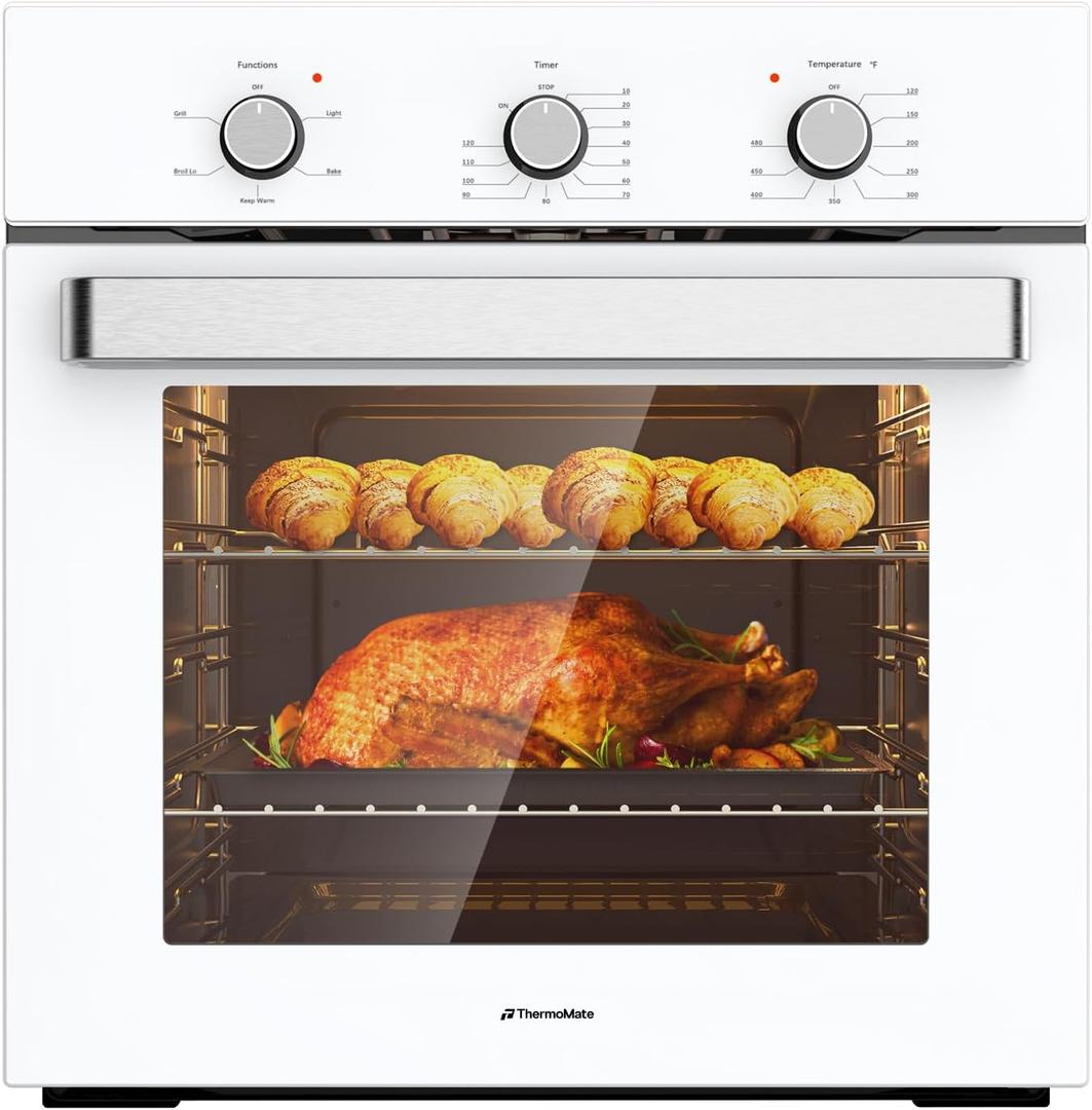 24" Single Wall Oven, ThermoMate 2.8 Cu.ft. Electric Wall Oven with 5 Cooking Functions, White Built-in Ovens with Mechanical Knobs Control, ETL Certified