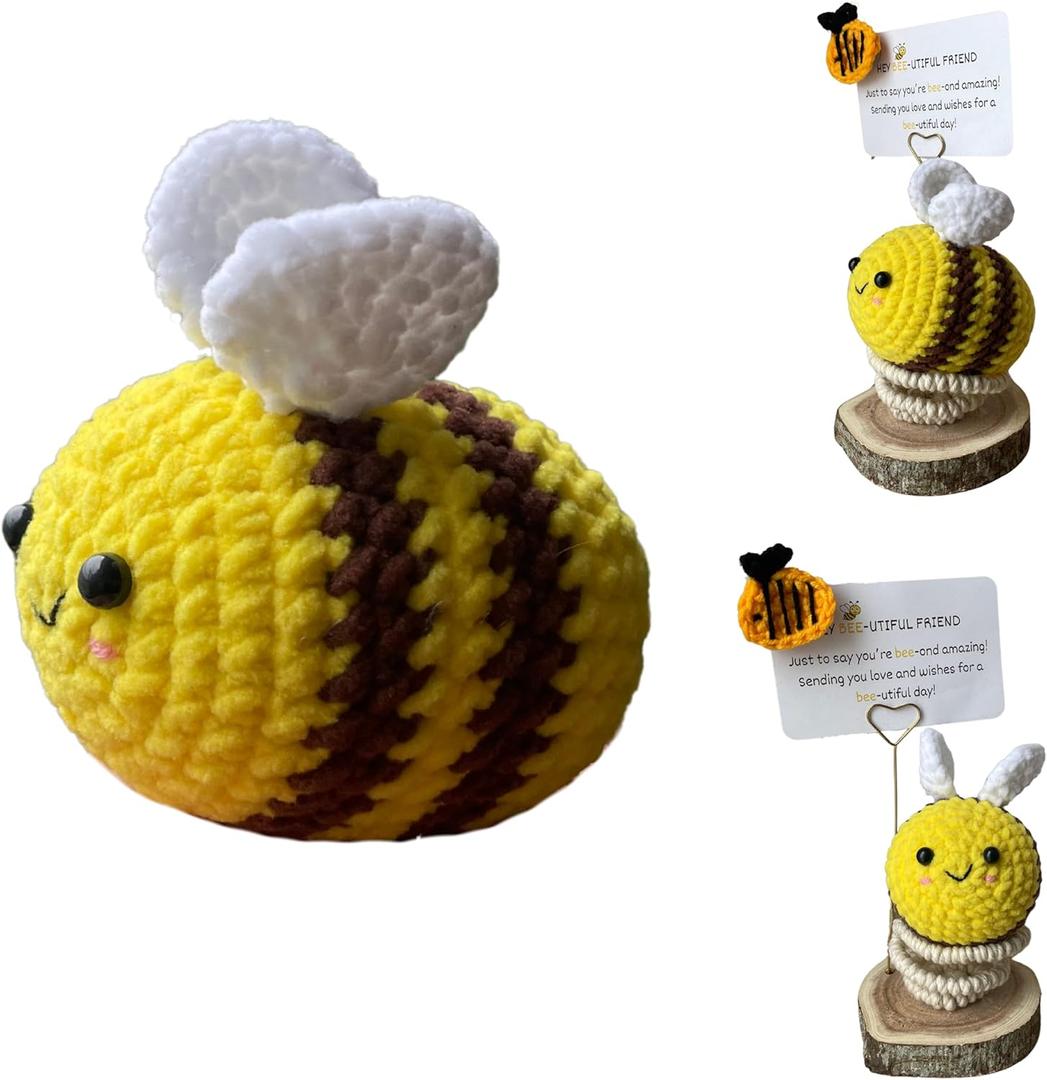 Handmade Crochet Bee with Positive Message, Memo Holder, Extra Blank Card, Emotional Support Ornament for Woman Men Birthday Christmas Office Decor (Yellow)